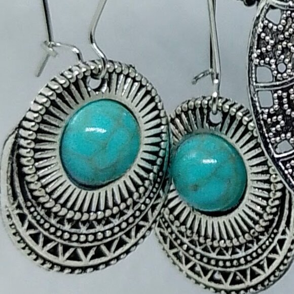 SALE!! 3 Pair BOHO ETHNIC EARRINGS, Silvery, Faux Turq BLUE BUNNY'S BOHO BAUBLES - Picture 3 of 11